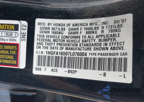 2007 Honda Civic Lx из США, поврежденный, VIN 1HGFA16597L076004